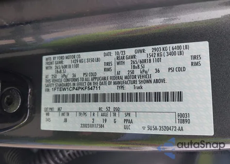 2023 Ford F150 Supercrew z USA, uszkodzony, nr VIN 1FTEW1CP4PKF54711